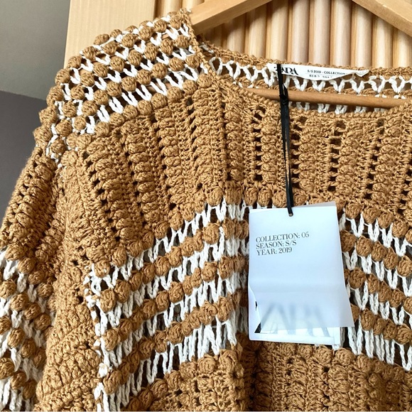 Zara studio crochet knit fringed two tone sweater honey tan - Picture 6 of 11